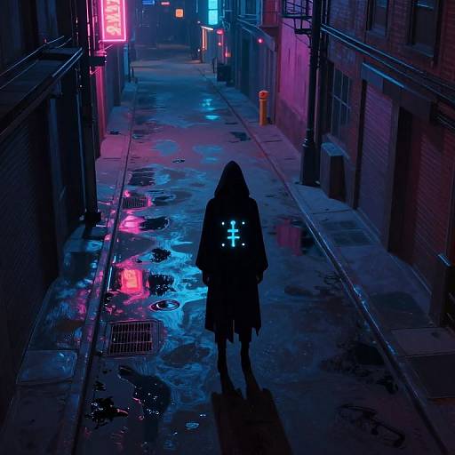 Neon-lit, rain-soaked alley at night. Silhouetted figure with glowing phone, hooded, standing in puddles of blue