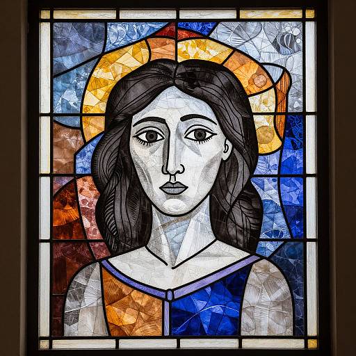 Stained glass window portrait of a serene, haloed woman with dark hair, white face, blue and orange garments, against a blue and red background