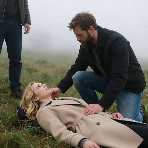 Concerned Man Helping Woman in Foggy Outdoors