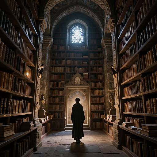 Photograph of a lone figure in a dimly lit, ornate library with towering bookshelves, illuminated by a single arched window and wall