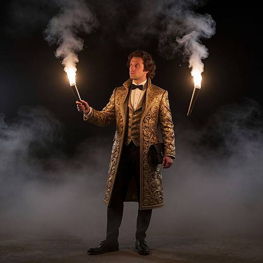 Photograph of a male magician in ornate gold coat, black bow tie, holding two flaming torches, surrounded by smoke, against a dark background