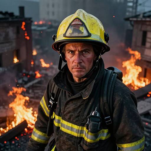 Heroic Firefighter Amidst Fiery Ruins