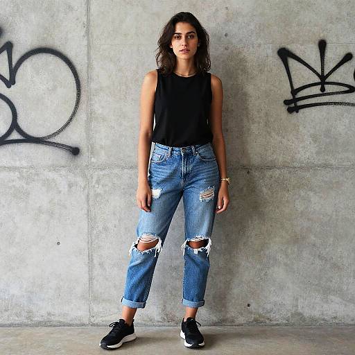 Photograph of a young woman with curly hair, wearing a black sleeveless top and ripped blue jeans, standing against a graffitied concrete wall
