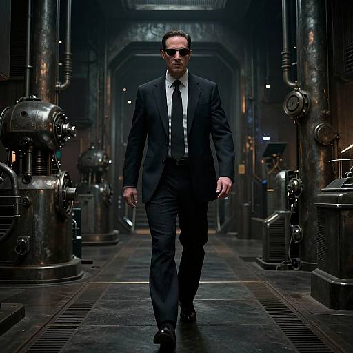 Photograph of a serious man in a black suit, white shirt, and tie, walking down a dark, industrial hallway with metal pipes and machinery on