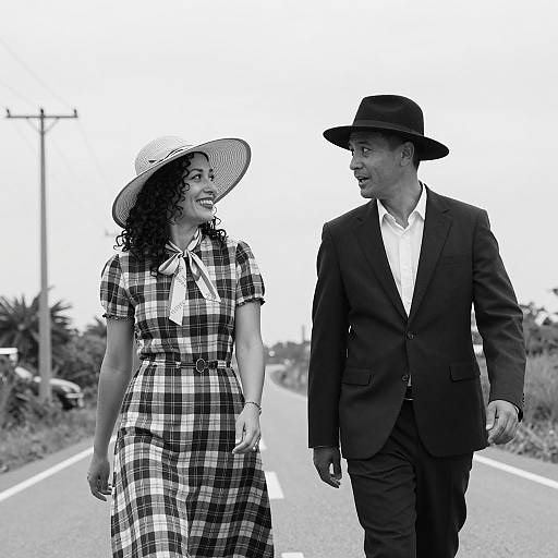 Black and White Portrait of Couple Walking on Rural Road