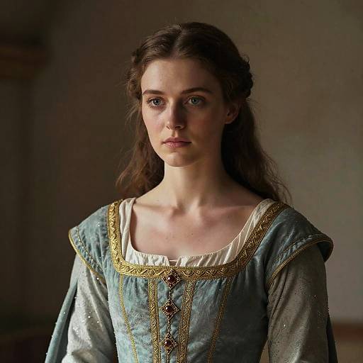 Photograph of a young woman with long brown hair, wearing a medieval-style blue gown with gold embroidery, standing in a dimly lit room.