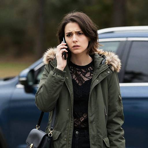 Concerned Woman by Blue SUV in Forest