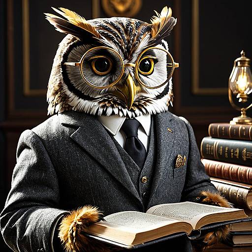 Wise Owl in Tailored Suit Reading Antique Book