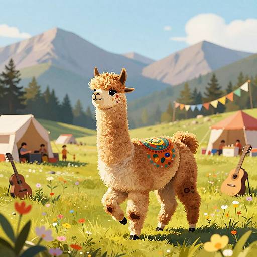 Curly Alpaca Musician in Mountain Meadow