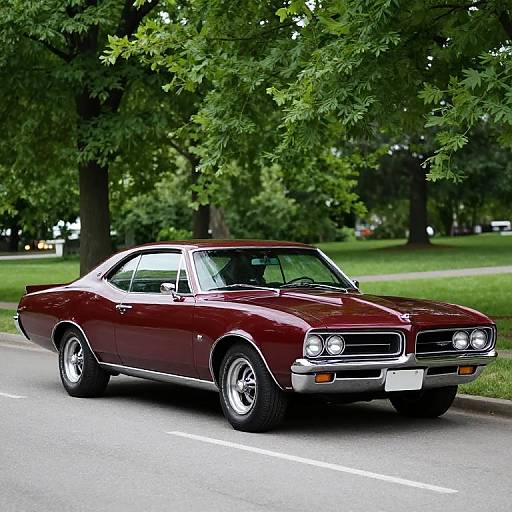 Photograph of a classic, maroon 1970s muscle car driving on a tree-lined street, with lush green foliage in the background.