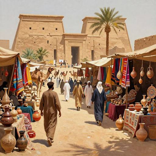 Photograph of vibrant Middle Eastern market with colorful textiles, pottery, and lanterns under sunlit tents, people in traditional attire, and ancient stone buildings