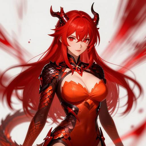 Digital anime-style illustration of a red-haired, horned demon woman with black scales, red eyes, and a revealing red and black armor dress, set
