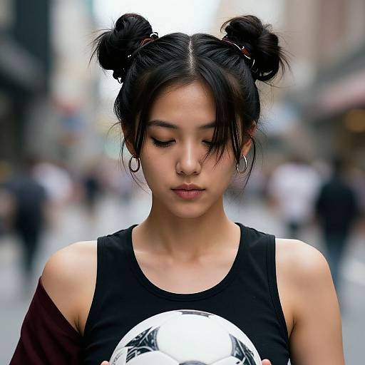 Photograph of an Asian woman with black hair in two buns, wearing a black tank top with a white graphic, standing in a blurred urban street