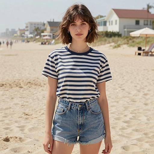 Photograph of a young woman with short brown hair, wearing a black-and-white striped shirt and blue denim shorts, standing on a sunny beach with houses