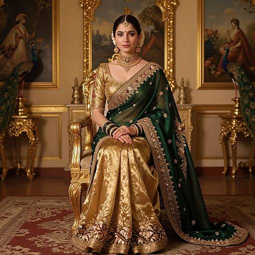 Photograph of an elegant Indian woman in a green and gold traditional saree, seated on an ornate golden chair in a luxurious, gold-decor