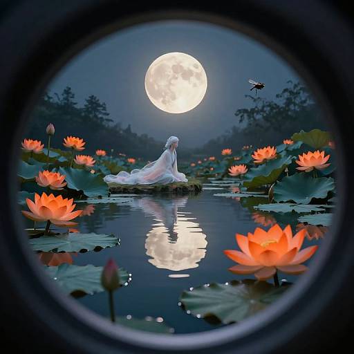 Digital painting of a white, flowing-robed figure sitting on a lotus in a moonlit pond, surrounded by glowing orange lotuses, reflected in