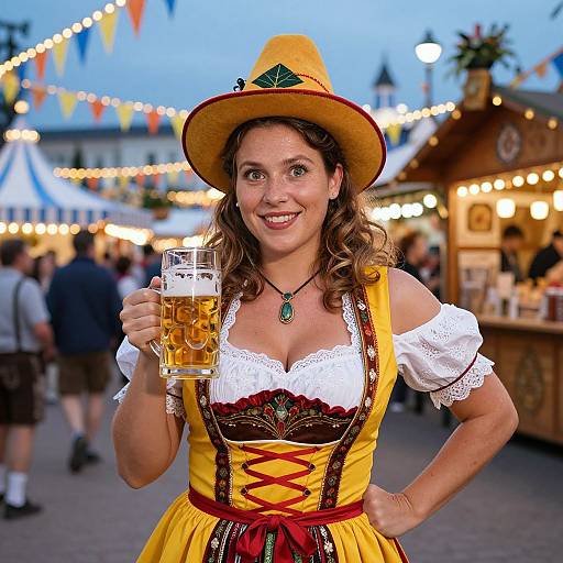 Smiling woman in Oktoberfest attire, yellow dress, white lace blouse, brown hat, holding beer mug, festive outdoor market, evening sky.