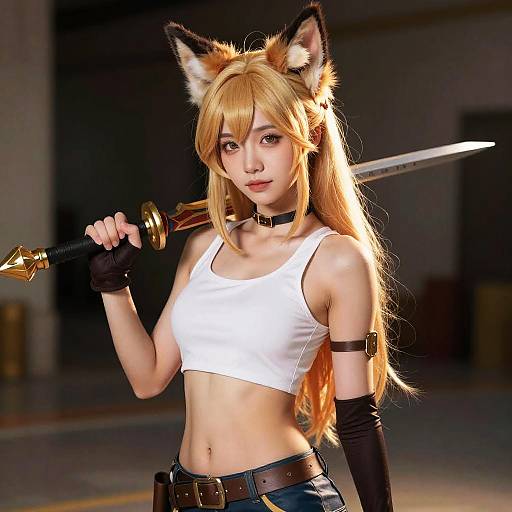 Digital anime-style photograph of a blonde, fox-eared woman with long hair, wearing a white crop top, black gloves, and blue jeans, holding