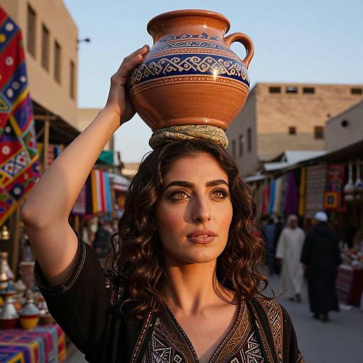 Photograph of a dark-haired woman with olive skin, wearing a black embroidered top, holding a patterned clay pot on her head in a vibrant,