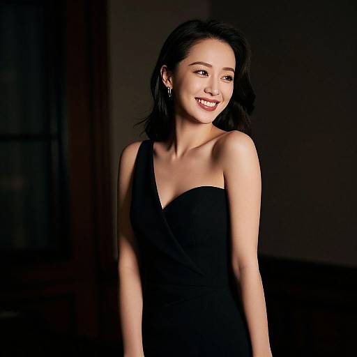 Photograph of a smiling Asian woman with black shoulder-length hair, wearing a strapless black dress, against a dark, dimly lit background.