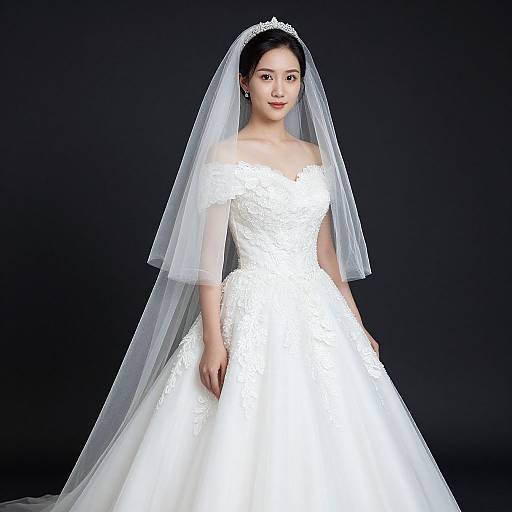 Photograph of an Asian bride in an off-shoulder, white lace wedding dress with a long veil, standing against a black background.