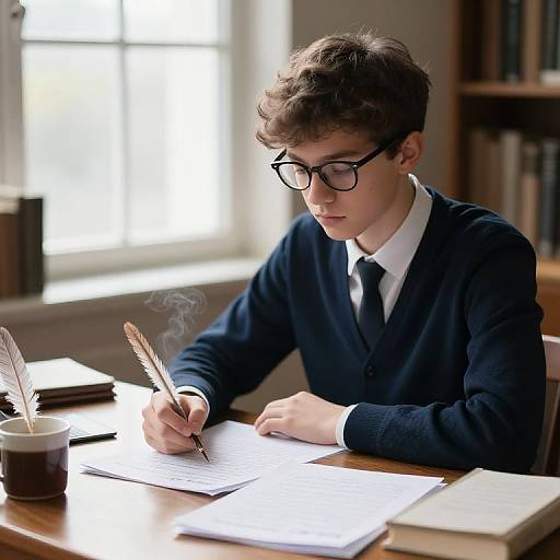 Photograph of a young boy with curly brown hair, glasses, and navy sweater, writing with a feather quill in a sunlit library.