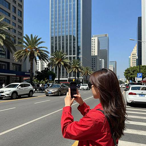 Woman Taking Photo on Urban Street