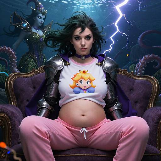 Digital artwork: Pregnant woman in armor and pink pajamas, with a Power Star Mario crop top, sits on a purple chair, lightning bolt background