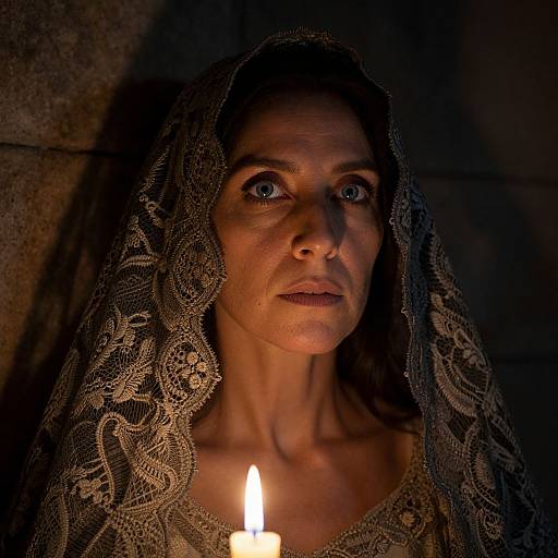 Photograph of a solemn, middle-aged woman with blue eyes, wearing a lace veil, illuminated by a single candle's warm glow in a dark,