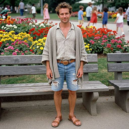 Photograph of a casually dressed man with tousled hair, wearing a loose shirt, denim shorts with rips, brown sandals, and a gray card