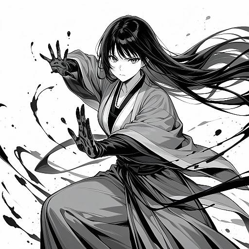Monochrome manga-style drawing of a fierce woman with long black hair, wearing a kimono, extending her hand with black ink splattering around her.