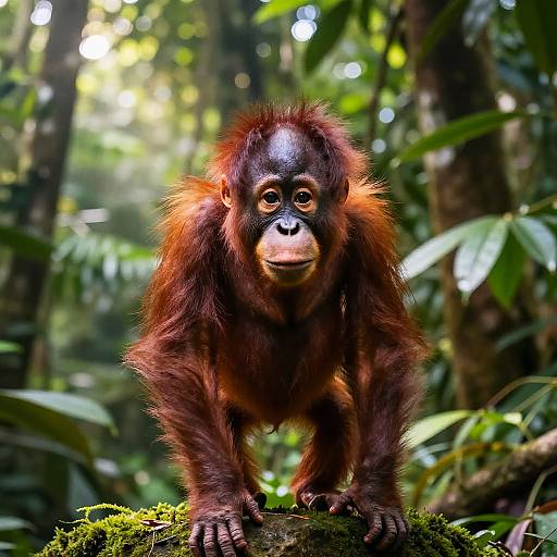 Photograph of a young orangutan with reddish-brown fur, large expressive eyes, and a small face, standing on a moss-covered log in