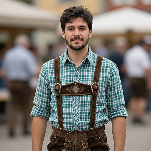 Photograph of a bearded man with dark hair, wearing a green and white checkered shirt and brown leather suspenders, standing in a blurred outdoor