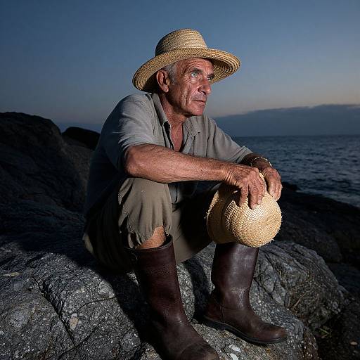 Photograph of an elderly man with weathered skin, wearing a straw hat, gray shirt, and brown boots, sitting on rocky shoreline at sunset,