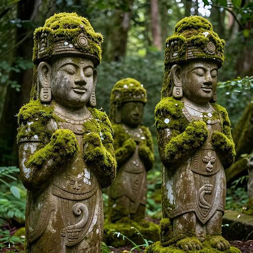 Moss-Covered Statues in Forest