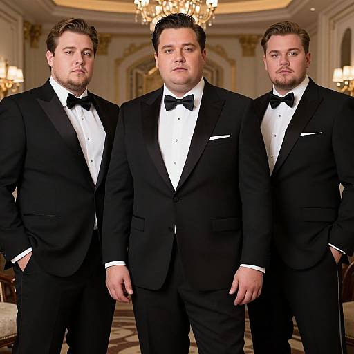 Photograph of three men in black tuxedos with white shirts and black bow ties, standing in an elegant, ornately decorated room with a