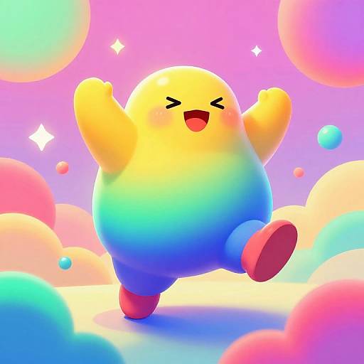 Vibrant digital illustration of a cheerful, round, rainbow-colored character with arms raised, standing on one red foot amidst colorful bubbles and sparkles.