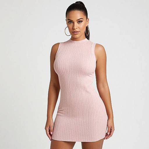 Photograph of a confident Black woman with a high ponytail wearing a sleeveless, ribbed, pink mini-dress and large hoop earrings, standing