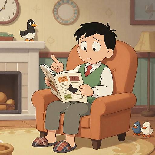 Cozy Cartoon Character in Vintage Room