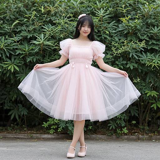Photograph of an Asian woman with black hair in a white and pink tulle dress, smiling, holding out her skirt, standing in front of lush
