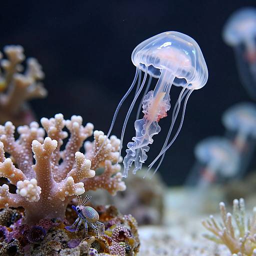 Photograph of a translucent jellyfish with pink accents, floating above coral and sea anemone in a vibrant, dark blue underwater scene.