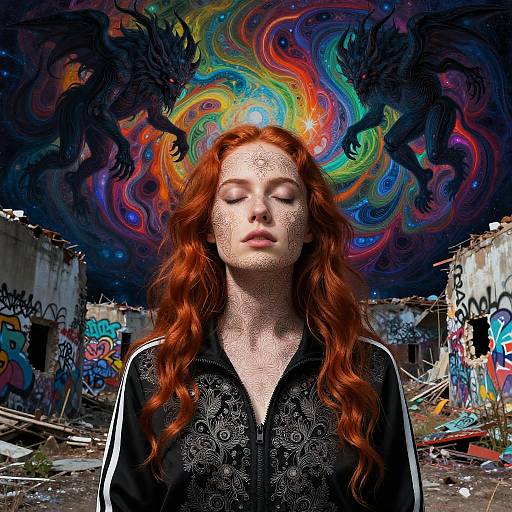 Surreal Red-Haired Woman with Abstract Cosmic Background