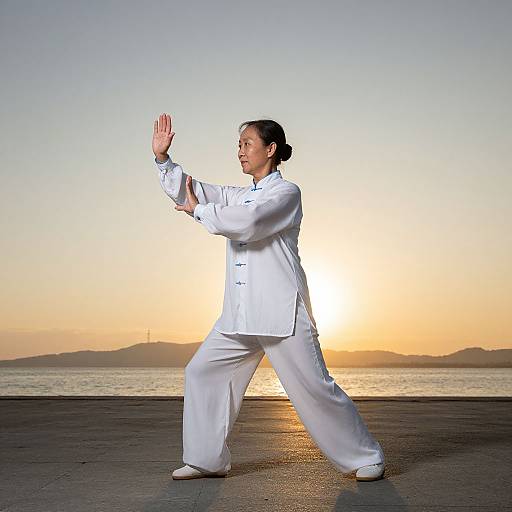 Photograph of an Asian man in white martial arts uniform practicing a hand gesture at sunset, standing on a wet, reflective concrete surface near a calm ocean