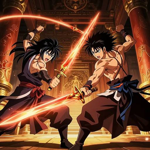 Anime-style digital illustration of two muscular, black-haired warriors with glowing swords, fighting in an ornate, fiery temple with red columns.