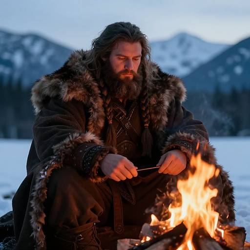 Bearded man with long hair, wearing fur-trimmed medieval cloak, sits by a campfire in snowy mountains, focused on sharpening knife.