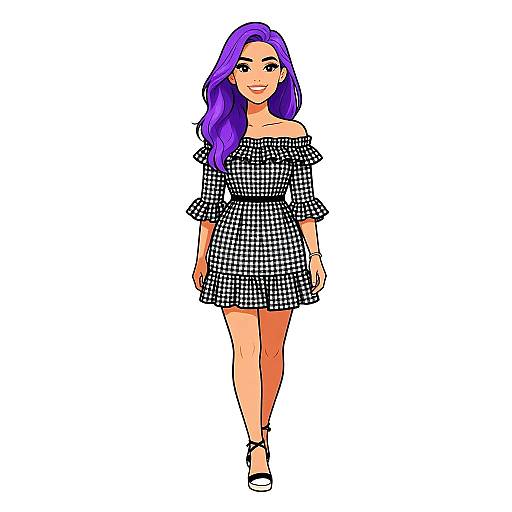 Digital illustration of a smiling woman with long purple hair, wearing an off-shoulder black and white checkered dress and black heels.