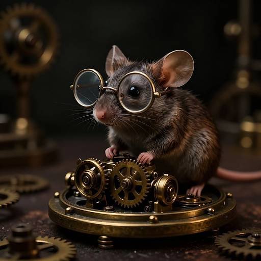 Photorealistic CGI of a small, gray mouse with round glasses, sitting on intricate brass gears and cogs against a dark background.