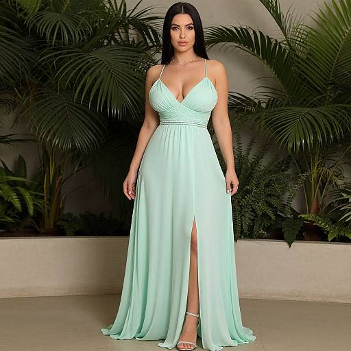 Photograph of a fair-skinned woman with long black hair in a light mint green, V-neck, floor-length gown with a thigh-high slit,