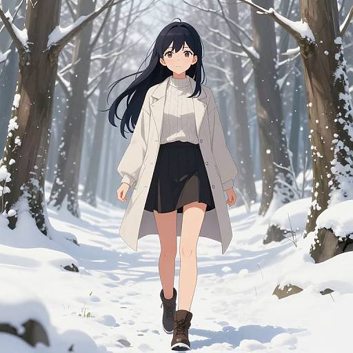 Anime-style digital drawing of a long-haired girl with black hair, white coat, black skirt, and brown boots walking through a snowy forest.