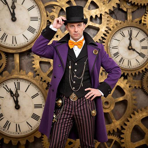 Steampunk gentleman in purple coat, black top hat, orange bowtie, striped pants, and clockwork gears background. Photograph.